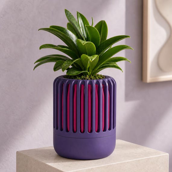 BreezeCage Orchid Pot, close-up of the Airloom sculptural planter in Indigo Purple and Magenta Orchid Night colors