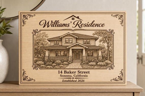Heirloom Residence Portrait Sign, Personalized House Drawing and Address, Engraved Birch Closing Gift