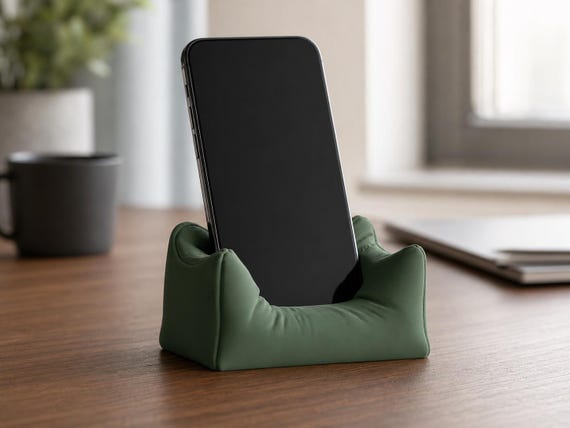 Close-up desk view of the Plush Nook phone stand in Dark Green with a blank-screen phone