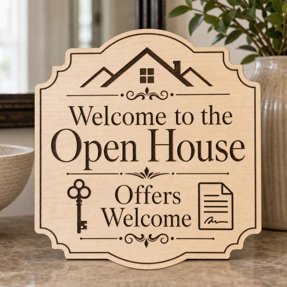 WelcomeOffers Open House Sign, Personalized Offers Welcome Realtor Decor, Engraved Birch Real Estate Display