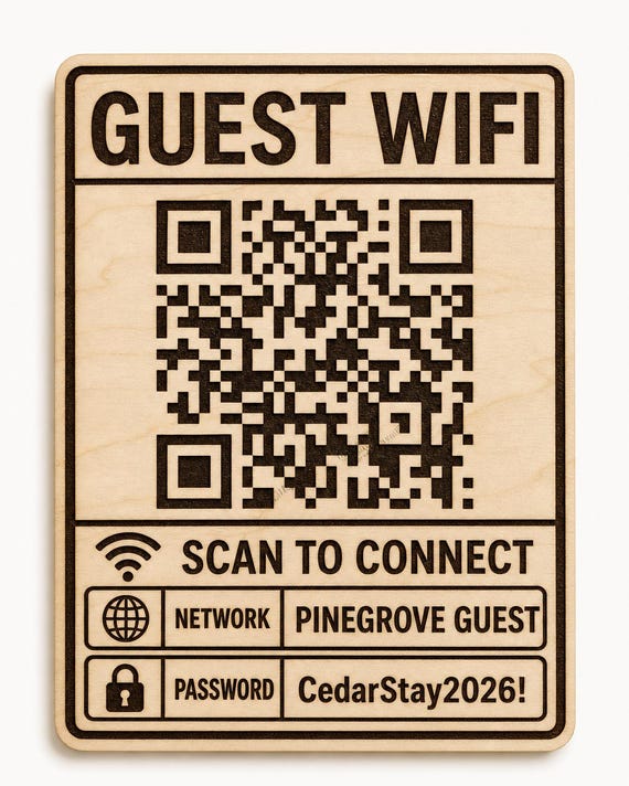 Crisp Connect Guest WiFi Sign, Personalized QR Code and Password, Engraved Birch Host Decor