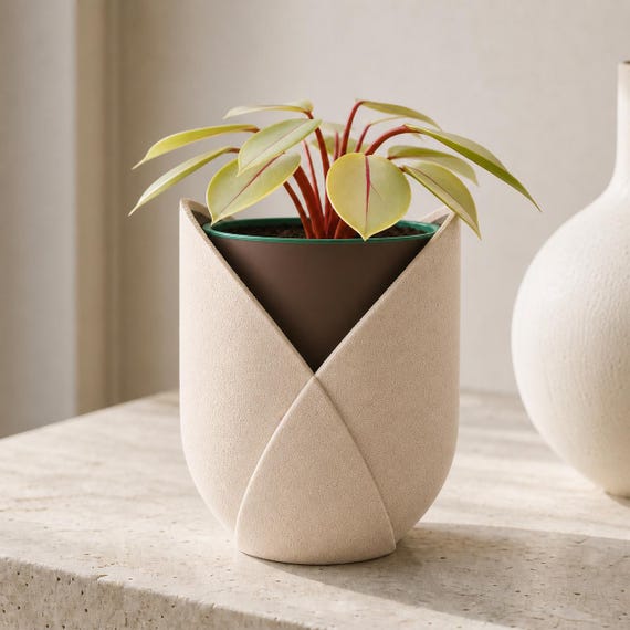 Close-up of the LayerMoon Planter indoor planter in Beige, Cocoa Brown, and Mistletoe Green