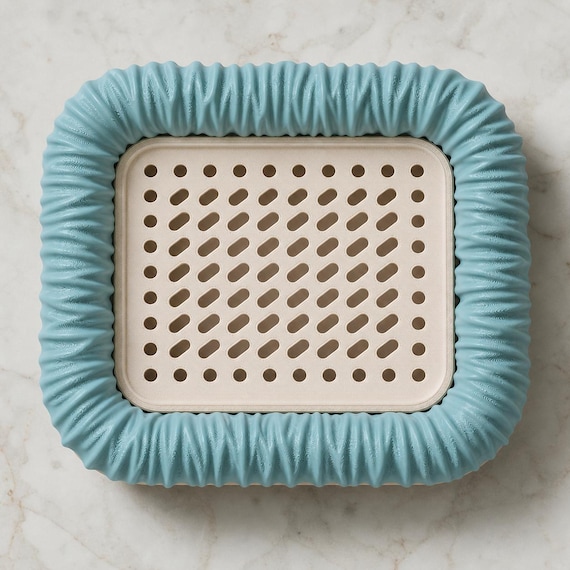 Top view of a Turquoise LinenCrest Soap Tray soap dish showing the Beige perforated drainage grid