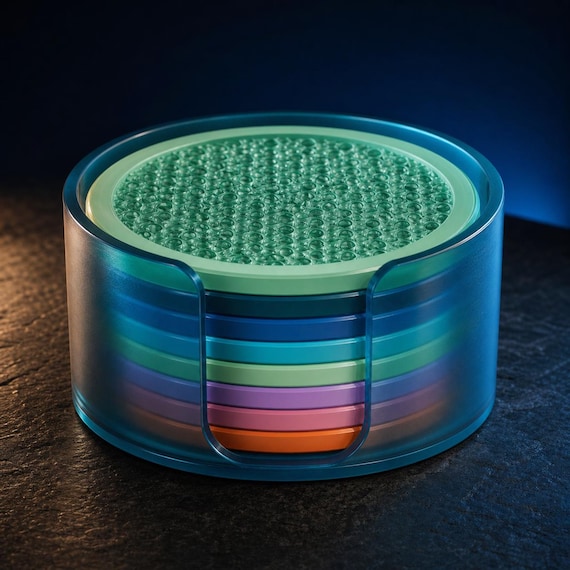 Prismtide Coaster Set, rippleglass translucent coaster set illuminated in a moody evening setting