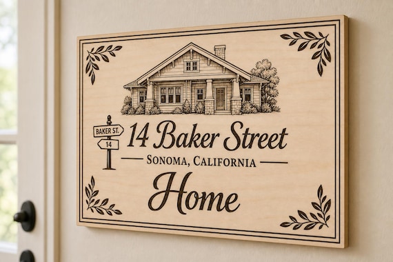 Main Street Home engraved birch address sign mounted on a neutral wall from a close side angle.