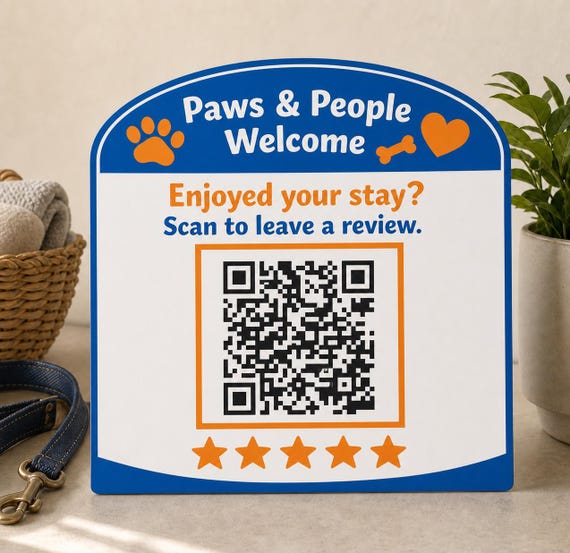 Pawprint Welcome Review QR Sign, Personalized Pet Friendly Rental Decor, Guest Thank You Display