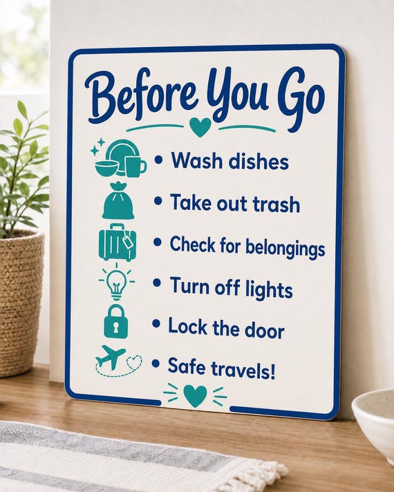Coastbound Before You Go Sign, Personalized Airbnb Checkout Checklist, Multicolor Vacation Rental Decor