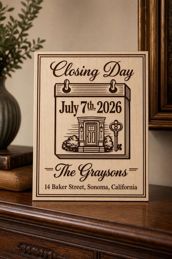 Classic Closing Day Sign, Personalized Date and Family Name, Engraved Birch Realtor Gift