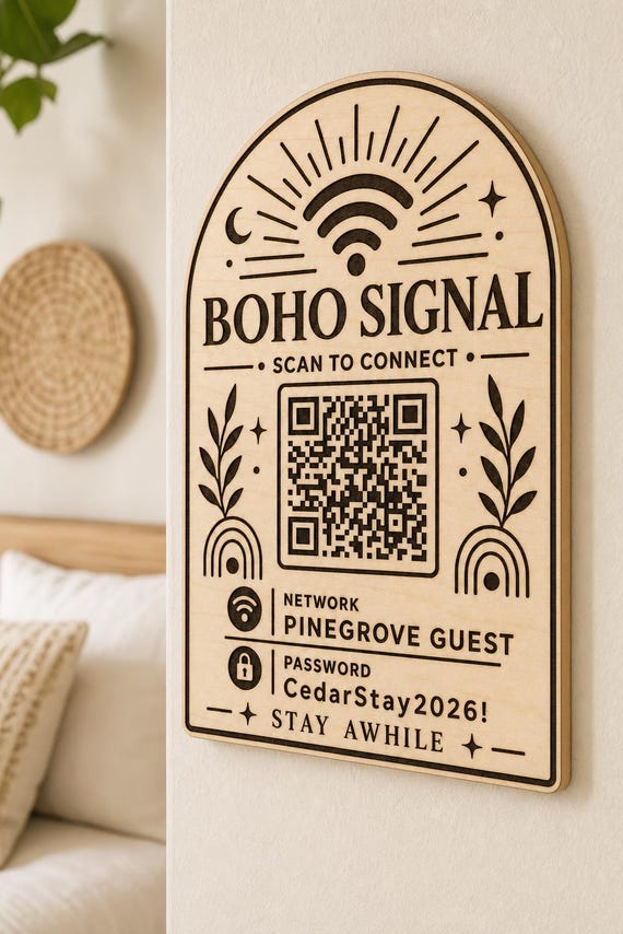 Boho Signal Guest WiFi Sign engraved birch sign mounted on a realistic neutral interior wall from a close side angle in natural birch and dark engraving, showing the QR code and guest network details.