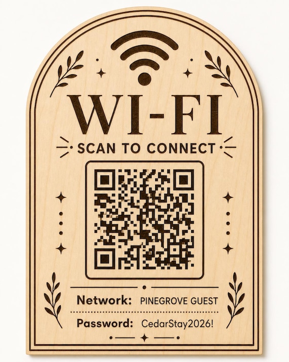 Celestial Laurel Guest WiFi Sign, Personalized QR Code, Engraved Birch Host Decor