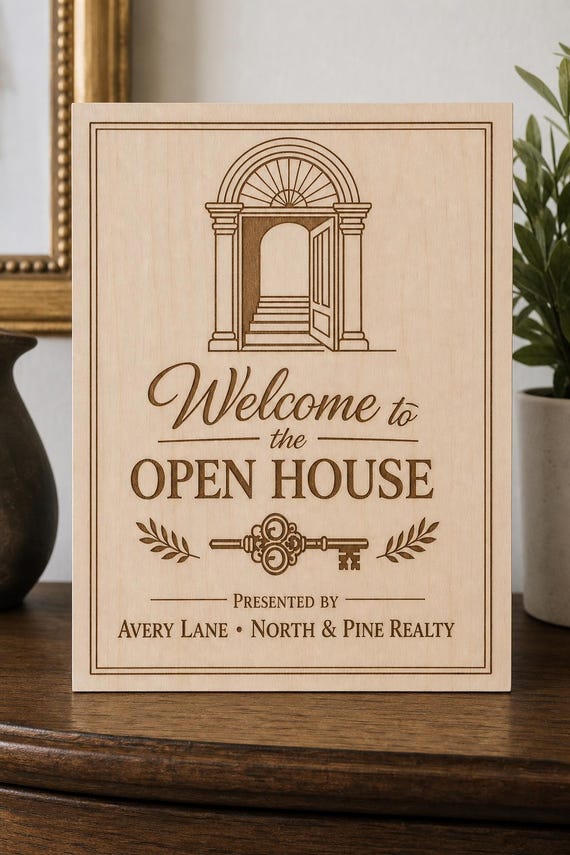 PresentedEntry Open House Sign, Personalized Realtor Name and Brokerage, Engraved Birch Real Estate Decor