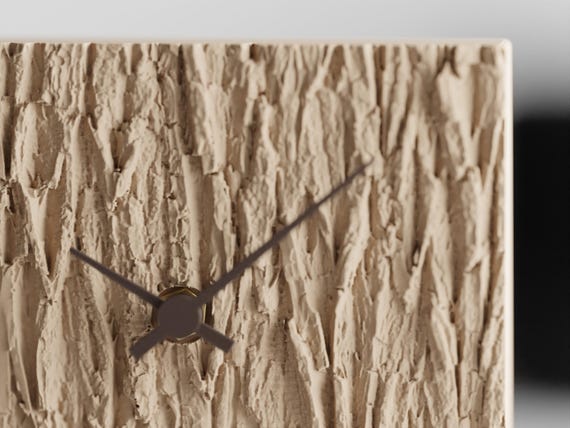 WoodlandTime Table Clock, detail view of Barkhaven's Desert Tan body and Dark Chocolate clock hands