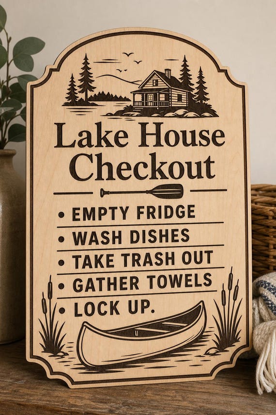 Pinewater Lake House Checkout Sign, Personalized Guest Checklist, Engraved Wood Cabin Rental Decor