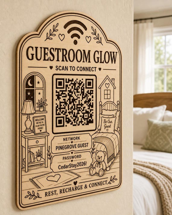 Guestroom Glow WiFi Sign engraved birch sign mounted on a realistic neutral interior wall from a close side angle in natural birch and dark engraving, showing the QR code and guest network details.