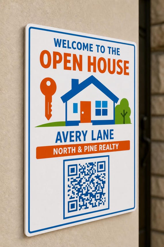 Keyline multicolor agent open-house sign mounted on a neutral wall from a close side angle with Avery Lane and a finished sample QR code.
