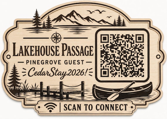Lakehouse Passage WiFi Sign, Personalized QR Code, Engraved Birch Lake House Decor