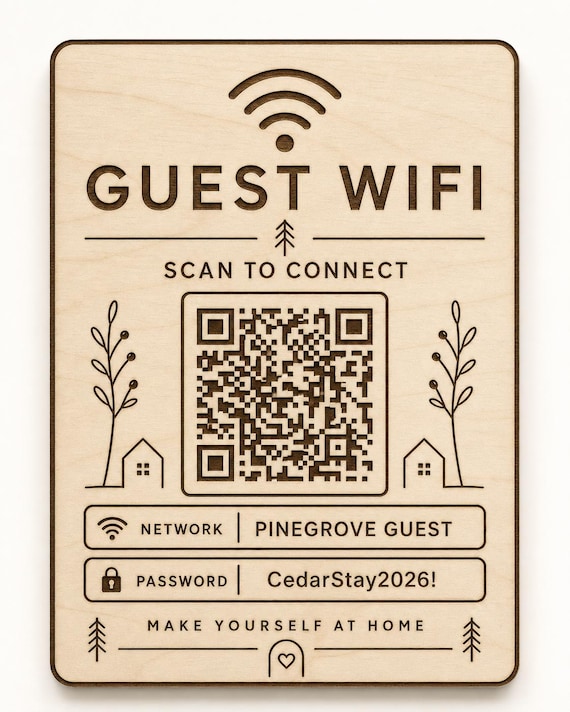 Hearthline Connect Guest WiFi Sign, Personalized QR Code, Engraved Birch Host Sign