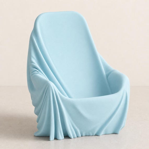 Front close-up of the empty DrapeDock phone stand in Ice Blue showing the angled cradle and raised lip