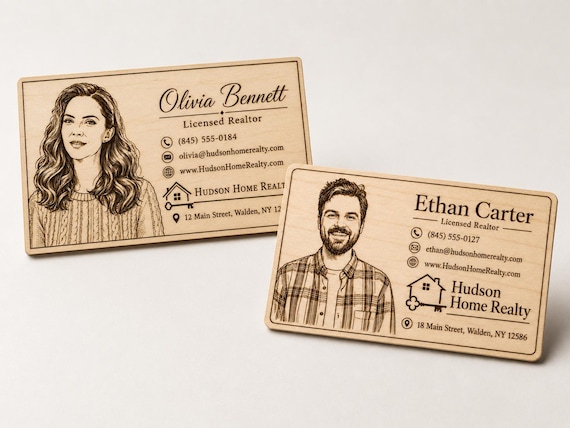 Custom Engraved Birch Business Cards with Portrait, Wooden Realtor Cards, Personalized Logo Contact Cards with Free Case, product view 1