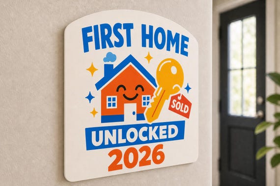 First Home Unlocked colorful sign mounted on a neutral entry wall from a close side angle.