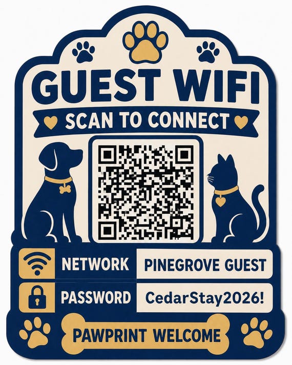Pawprint Welcome Guest WiFi Sign, Personalized QR Code, Navy and Gold Pet Friendly Decor