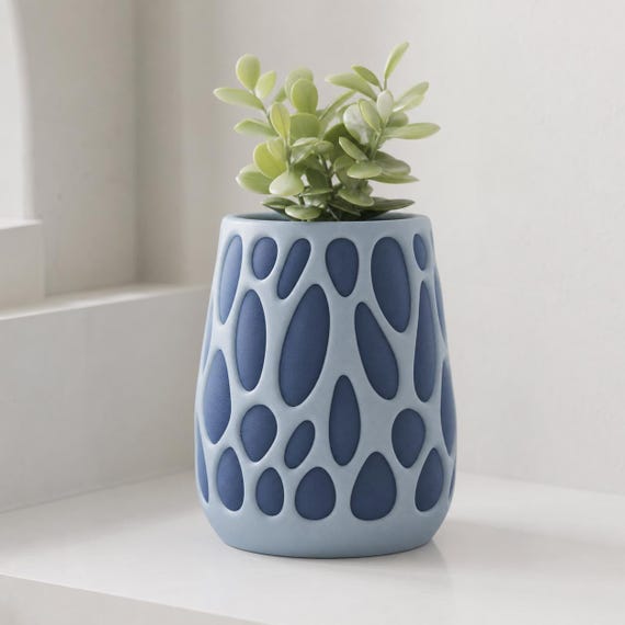 PebbleWeb Succulent Pot, bloomframe planter in Coastal Air with Ice Blue web and Marine Blue core