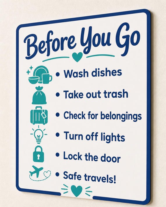 Coastbound navy and teal before you go checklist mounted on a warm-white wall from a close side angle.
