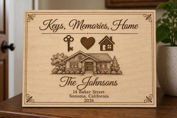 Keys Memories Home Sign, Personalized Family Name and Address, Engraved Birch Closing Gift
