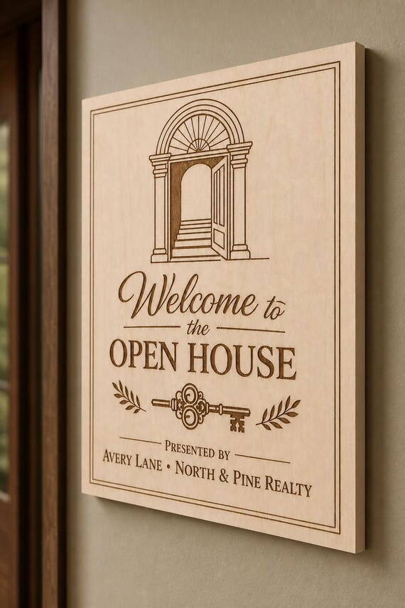 PresentedEntry engraved birch open-house sign mounted on a warm neutral wall from a close side angle with Avery Lane and North and Pine Realty.