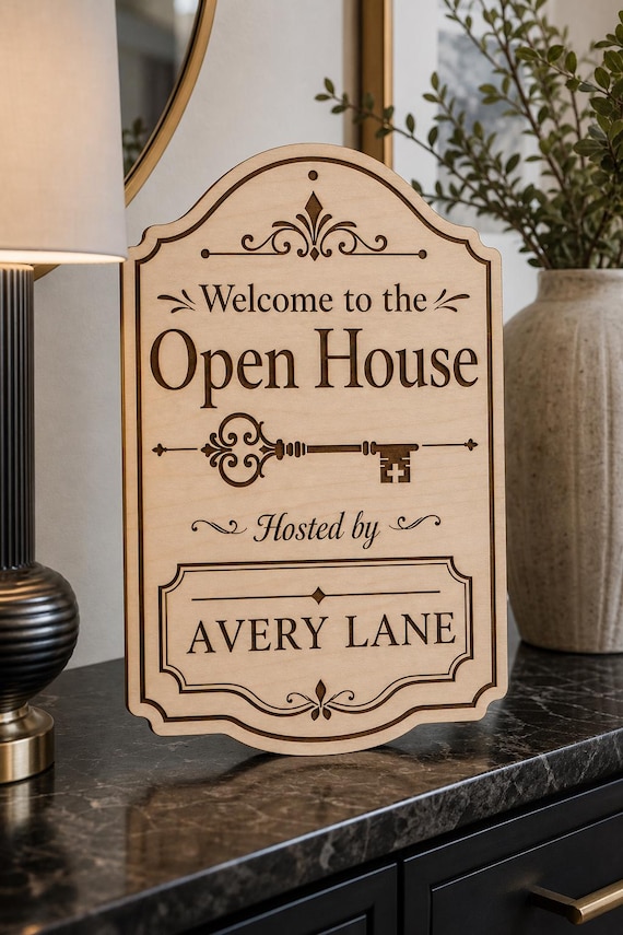 VintageKey Hosted Open House Sign, Personalized Realtor Name, Engraved Birch Real Estate Decor