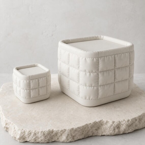 SoftSquare Desktop Bin, close-up comparison of the proportional 4-inch and 8-inch Square Puff desktop bins