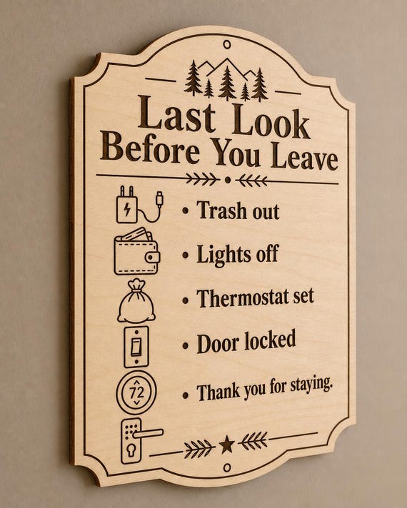 SummitStay engraved birch last look checklist mounted on a taupe wall from a close side angle.