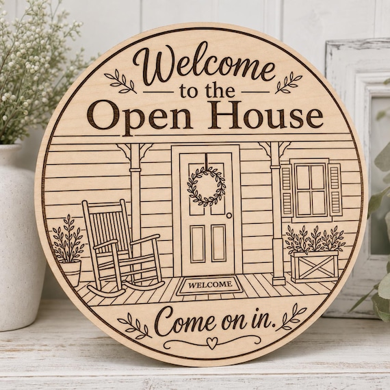 PorchCircle Open House Welcome Sign, Personalized Come On In Realtor Decor, Engraved Birch Property Display