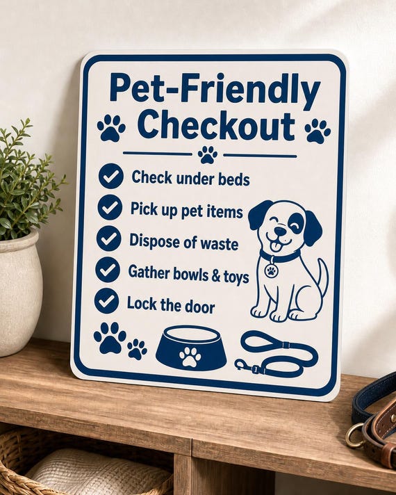PawStay Pet-Friendly Checkout Sign, Personalized Airbnb Guest Checklist, Multicolor Rental Decor