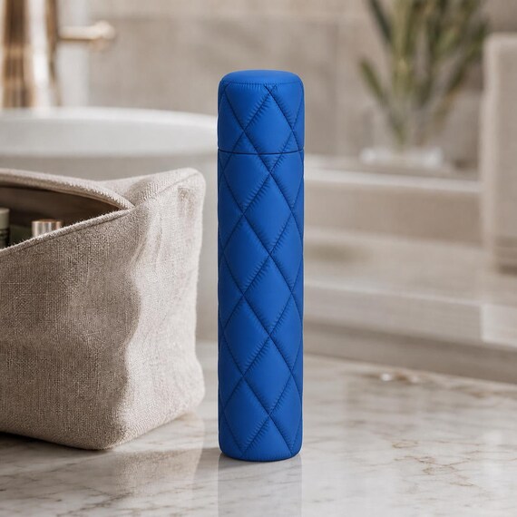 Wayfarer Quilt Case Collection, close-up of the complete tall Cloudquilt toothbrush travel case in Marine Blue