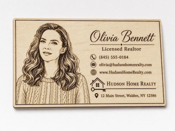 Custom Engraved Birch Business Cards with Portrait, Wooden Realtor Cards, Personalized Logo Contact Cards with Free Case, product view 2