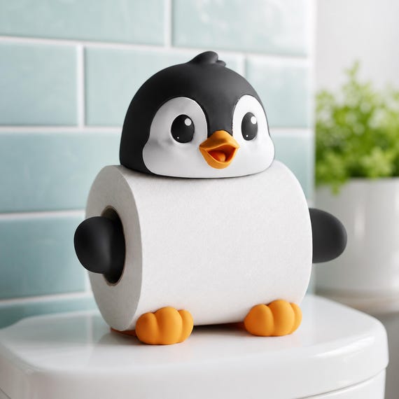 TuxedoTidy Roll Keeper, close-up of the Pebblebeak penguin spare-roll holder displayed in a bright bathroom