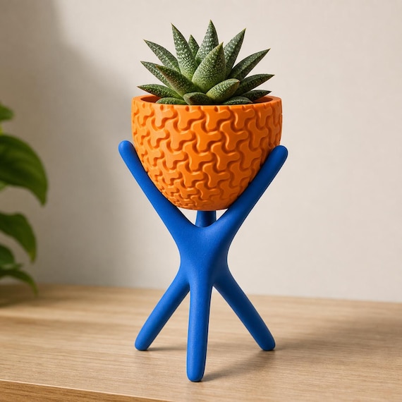 Close-up of the Large HearthLift Tripod Planter planter in Cobalt Blue and Pumpkin Orange with a succulent