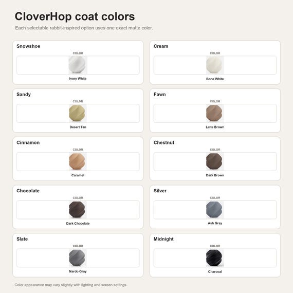 CloverHop coat colors showing the exact colors used in each selectable option