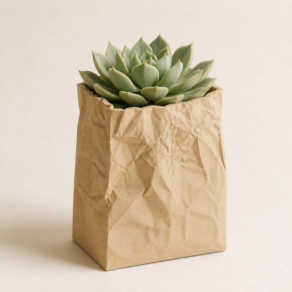 Close-up of the Small PaperHaven Cachepot kraft-tan cachepot holding a succulent
