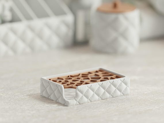 Close-up of the complete Cottonstay Bath Collection soap dish with its lattice insert seated in the tray