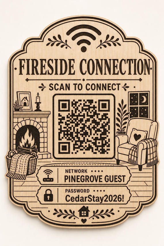 Fireside Connection Guest WiFi Sign, Personalized QR Code, Engraved Birch Cozy Decor