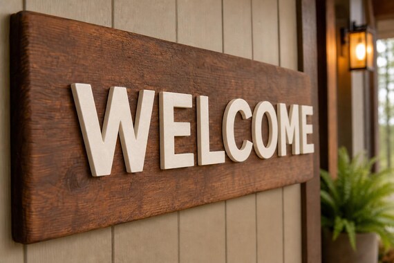 HavenMark Raised Letter Set spelling Welcome on a natural wood porch sign, with thick sidewalls visible.