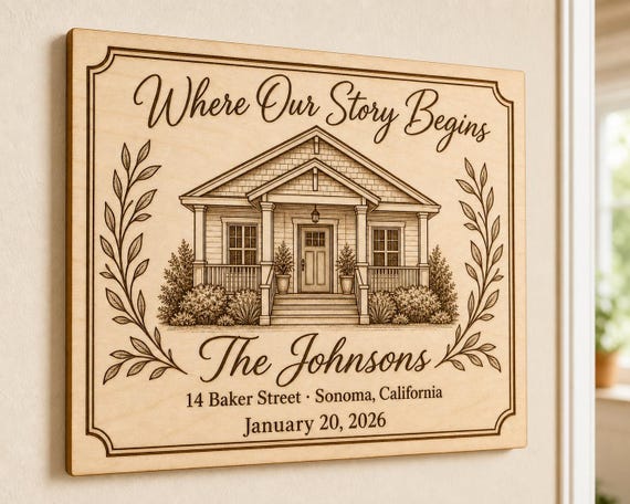 Story Begins engraved birch family sign mounted on a warm entry wall from a close side angle.