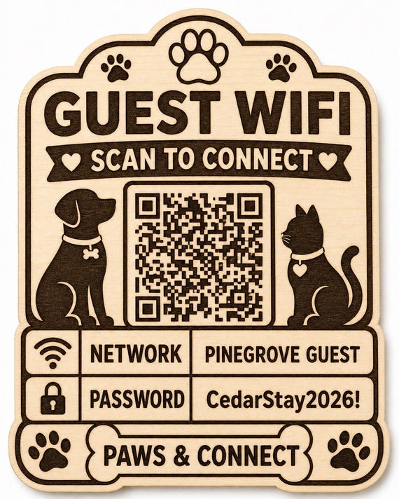 Paws and Connect Guest WiFi Sign, Personalized QR Code, Engraved Birch Pet Friendly Decor