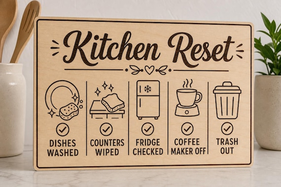 BrightNest Kitchen Reset Sign, Airbnb Checkout Checklist, Engraved Wood Vacation Rental Host Decor