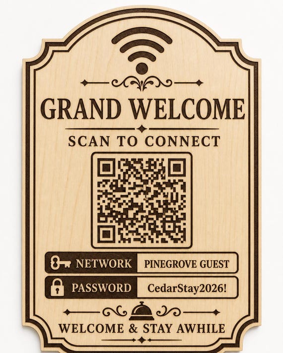 Grand Welcome Guest WiFi Sign, Personalized QR Code, Engraved Birch Hospitality Decor