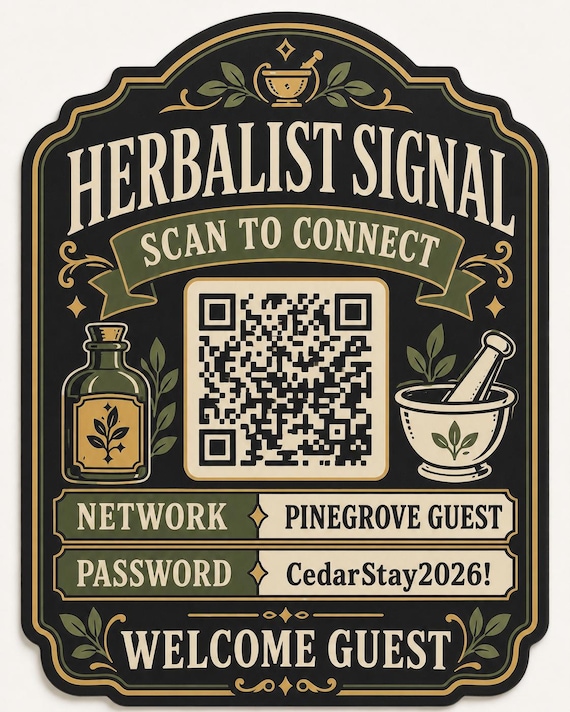 Herbalist Signal Guest WiFi Sign, Personalized QR Code, Vintage Botanical Host Decor