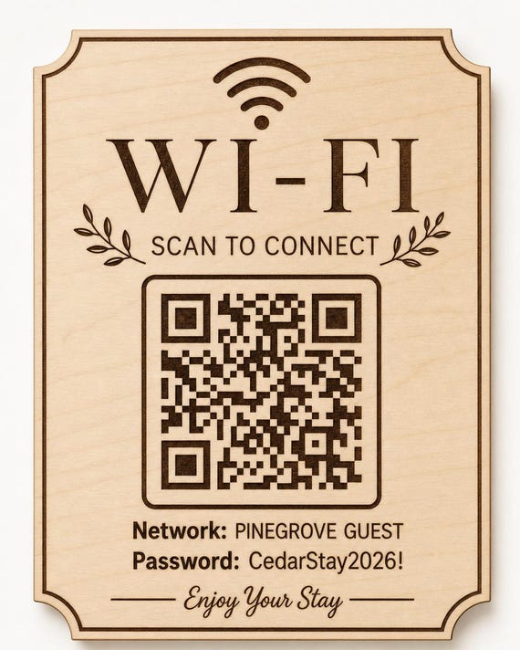 Laurel Welcome Guest WiFi Sign, Personalized QR Code, Engraved Birch Vacation Rental Decor