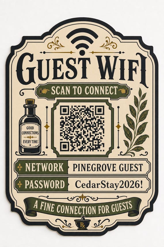 Good Connections Guest WiFi Sign, Personalized QR Code, Vintage Botanical Rental Decor